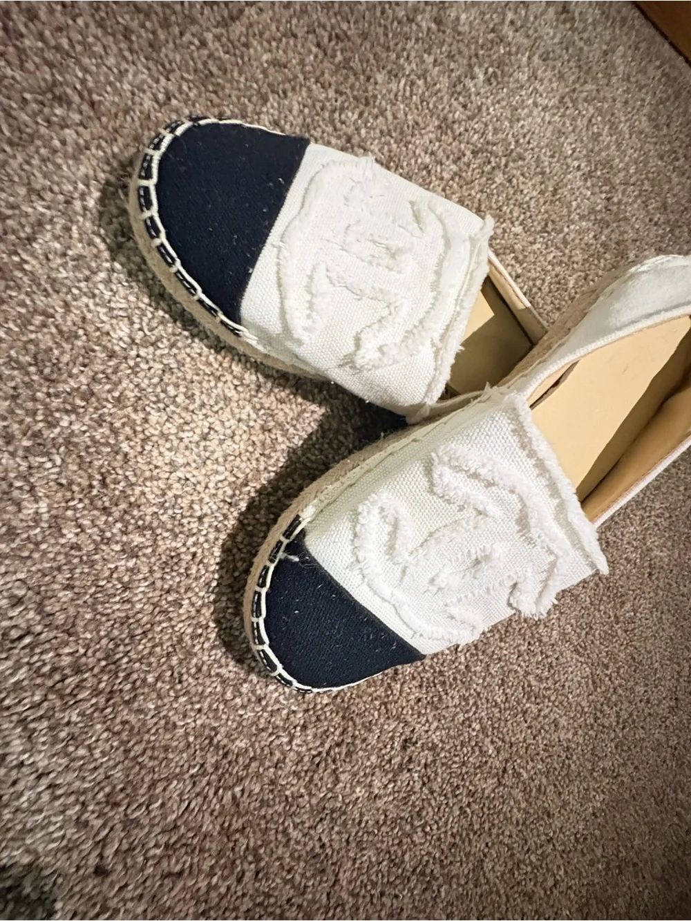 CHANEL White and Black Canvas Espadrilles